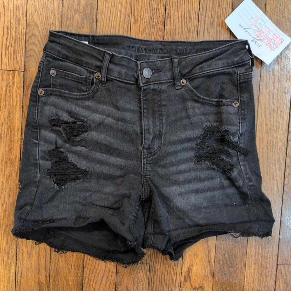 American Eagle Hi-Rise Shortie Black Distressed Cutoff Denim Shorts Womens Sz 4